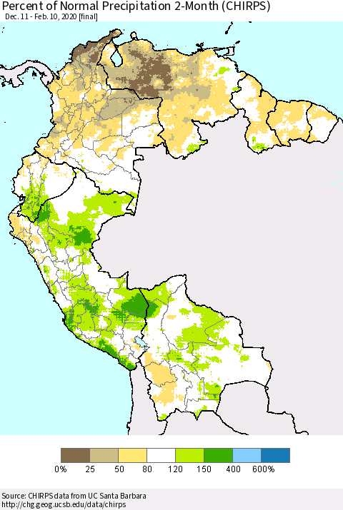 Northern South America Percent of Normal Precipitation 2-Month (CHIRPS) Thematic Map For 12/11/2019 - 2/10/2020