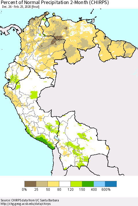 Northern South America Percent of Normal Precipitation 2-Month (CHIRPS) Thematic Map For 12/26/2019 - 2/25/2020