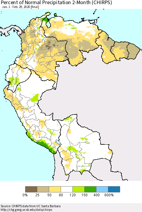 Northern South America Percent of Normal Precipitation 2-Month (CHIRPS) Thematic Map For 1/1/2020 - 2/29/2020