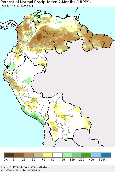 Northern South America Percent of Normal Precipitation 2-Month (CHIRPS) Thematic Map For 1/11/2020 - 3/10/2020