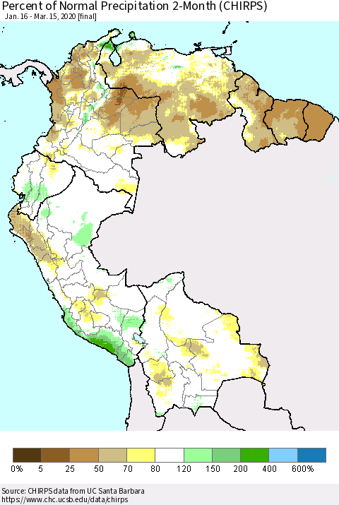Northern South America Percent of Normal Precipitation 2-Month (CHIRPS) Thematic Map For 1/16/2020 - 3/15/2020