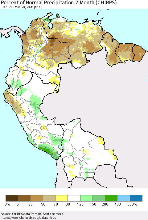 Northern South America Percent of Normal Precipitation 2-Month (CHIRPS) Thematic Map For 1/21/2020 - 3/20/2020