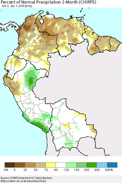 Northern South America Percent of Normal Precipitation 2-Month (CHIRPS) Thematic Map For 2/6/2020 - 4/5/2020