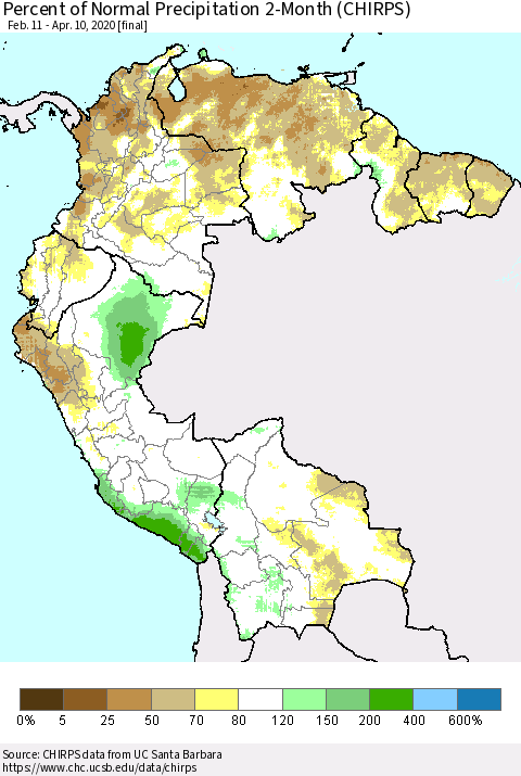 Northern South America Percent of Normal Precipitation 2-Month (CHIRPS) Thematic Map For 2/11/2020 - 4/10/2020