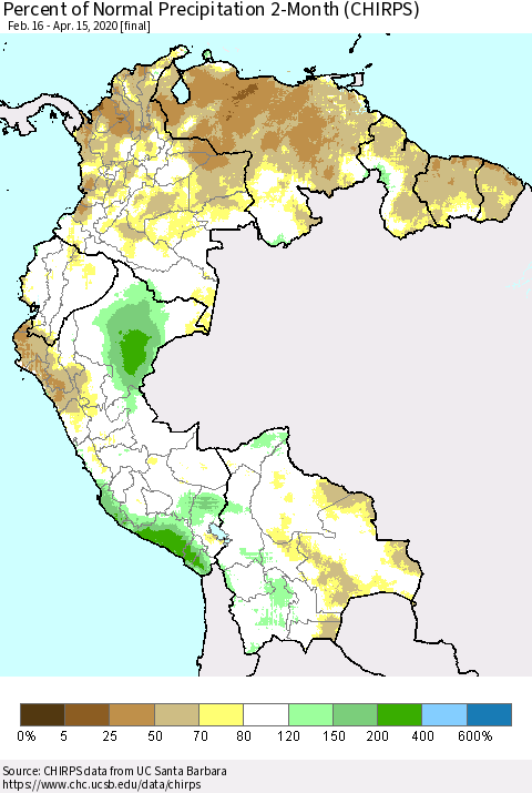 Northern South America Percent of Normal Precipitation 2-Month (CHIRPS) Thematic Map For 2/16/2020 - 4/15/2020