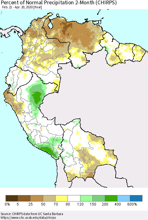 Northern South America Percent of Normal Precipitation 2-Month (CHIRPS) Thematic Map For 2/21/2020 - 4/20/2020