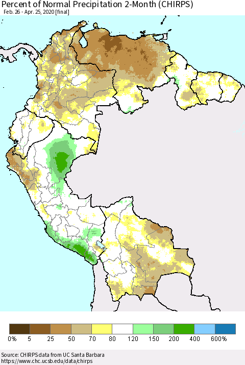 Northern South America Percent of Normal Precipitation 2-Month (CHIRPS) Thematic Map For 2/26/2020 - 4/25/2020