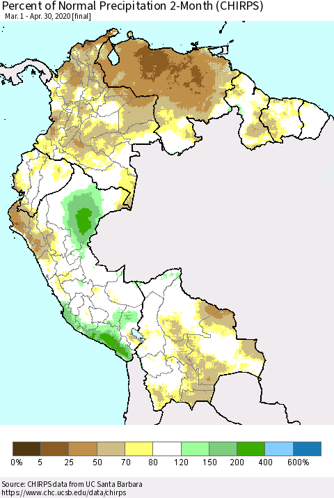 Northern South America Percent of Normal Precipitation 2-Month (CHIRPS) Thematic Map For 3/1/2020 - 4/30/2020