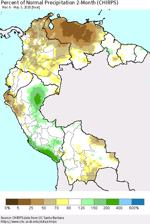 Northern South America Percent of Normal Precipitation 2-Month (CHIRPS) Thematic Map For 3/6/2020 - 5/5/2020