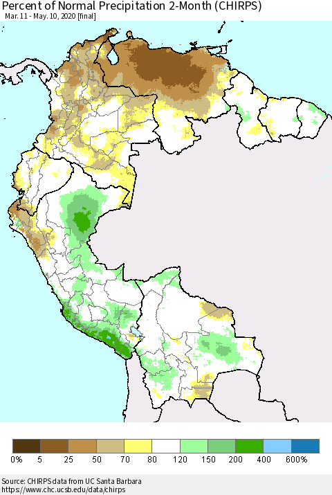 Northern South America Percent of Normal Precipitation 2-Month (CHIRPS) Thematic Map For 3/11/2020 - 5/10/2020