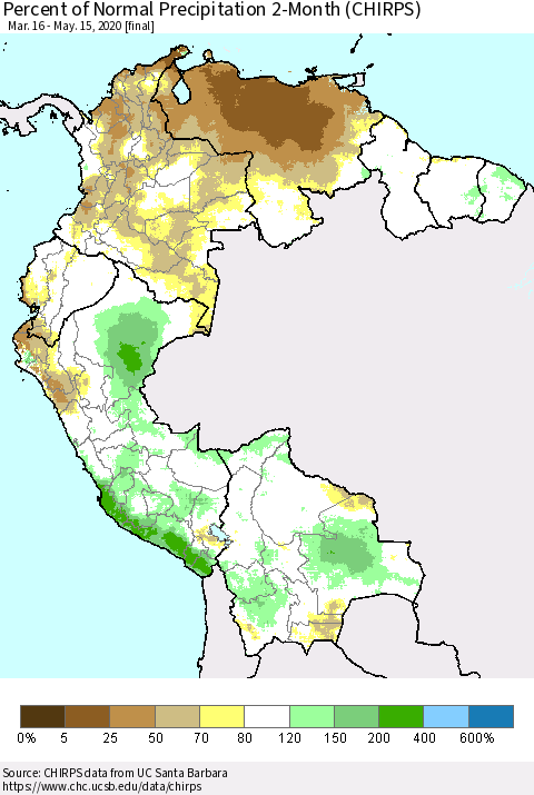 Northern South America Percent of Normal Precipitation 2-Month (CHIRPS) Thematic Map For 3/16/2020 - 5/15/2020