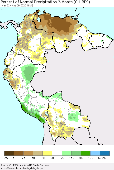 Northern South America Percent of Normal Precipitation 2-Month (CHIRPS) Thematic Map For 3/21/2020 - 5/20/2020