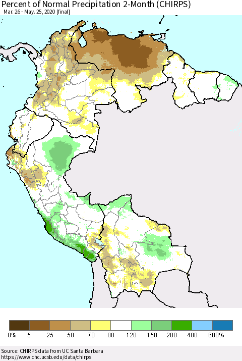 Northern South America Percent of Normal Precipitation 2-Month (CHIRPS) Thematic Map For 3/26/2020 - 5/25/2020
