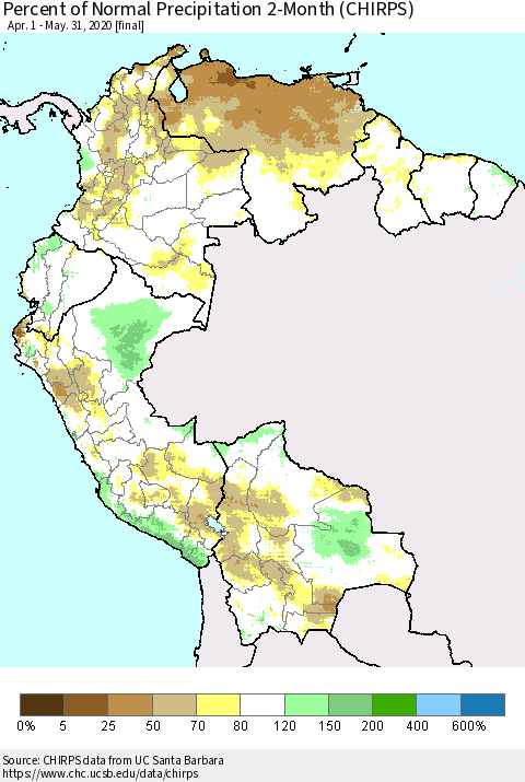 Northern South America Percent of Normal Precipitation 2-Month (CHIRPS) Thematic Map For 4/1/2020 - 5/31/2020