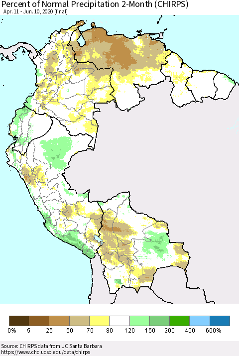 Northern South America Percent of Normal Precipitation 2-Month (CHIRPS) Thematic Map For 4/11/2020 - 6/10/2020