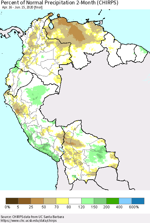 Northern South America Percent of Normal Precipitation 2-Month (CHIRPS) Thematic Map For 4/16/2020 - 6/15/2020
