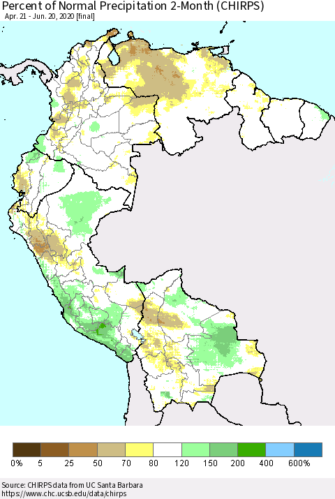 Northern South America Percent of Normal Precipitation 2-Month (CHIRPS) Thematic Map For 4/21/2020 - 6/20/2020
