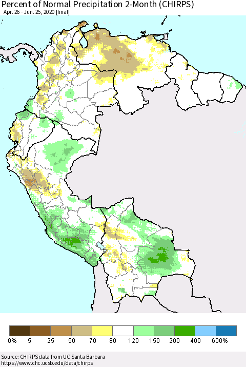 Northern South America Percent of Normal Precipitation 2-Month (CHIRPS) Thematic Map For 4/26/2020 - 6/25/2020