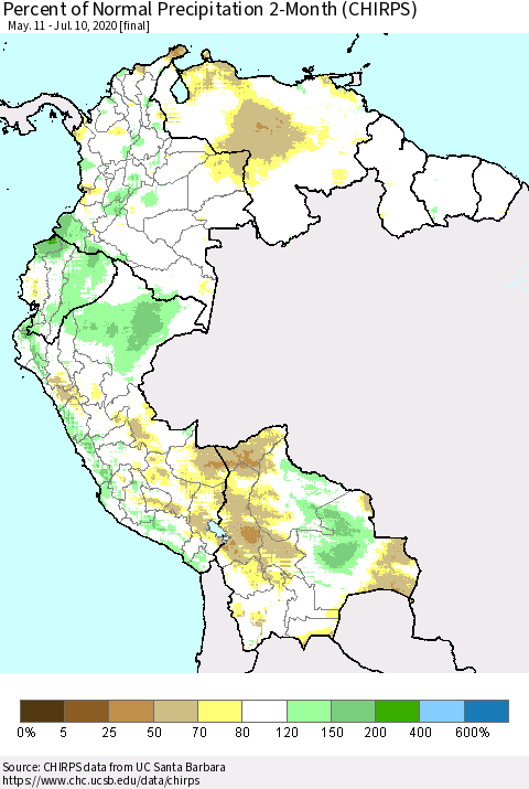 Northern South America Percent of Normal Precipitation 2-Month (CHIRPS) Thematic Map For 5/11/2020 - 7/10/2020
