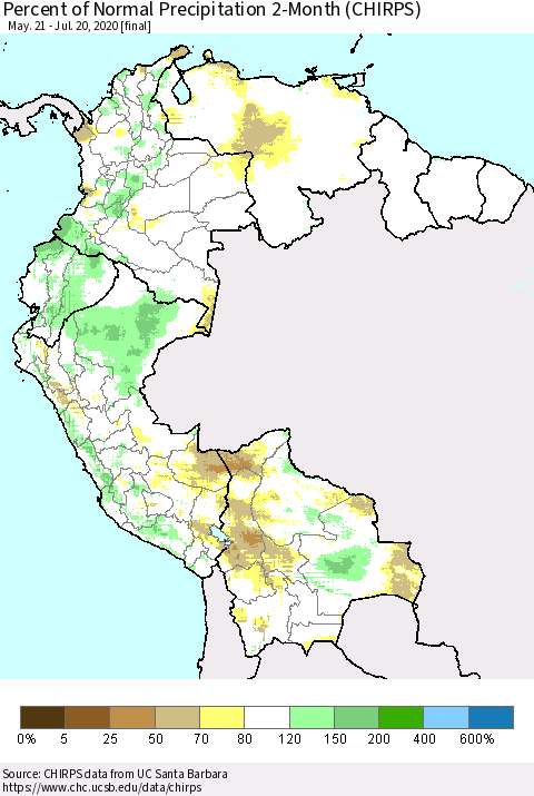 Northern South America Percent of Normal Precipitation 2-Month (CHIRPS) Thematic Map For 5/21/2020 - 7/20/2020