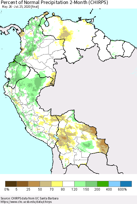 Northern South America Percent of Normal Precipitation 2-Month (CHIRPS) Thematic Map For 5/26/2020 - 7/25/2020