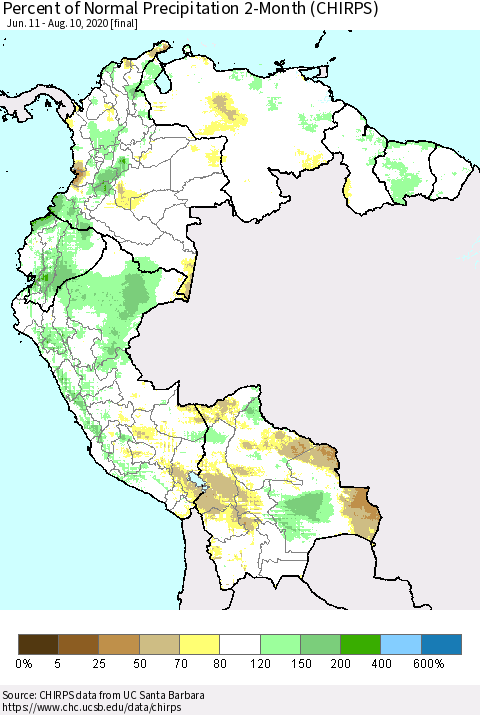 Northern South America Percent of Normal Precipitation 2-Month (CHIRPS) Thematic Map For 6/11/2020 - 8/10/2020