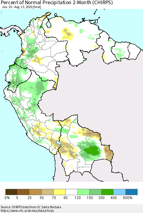 Northern South America Percent of Normal Precipitation 2-Month (CHIRPS) Thematic Map For 6/16/2020 - 8/15/2020