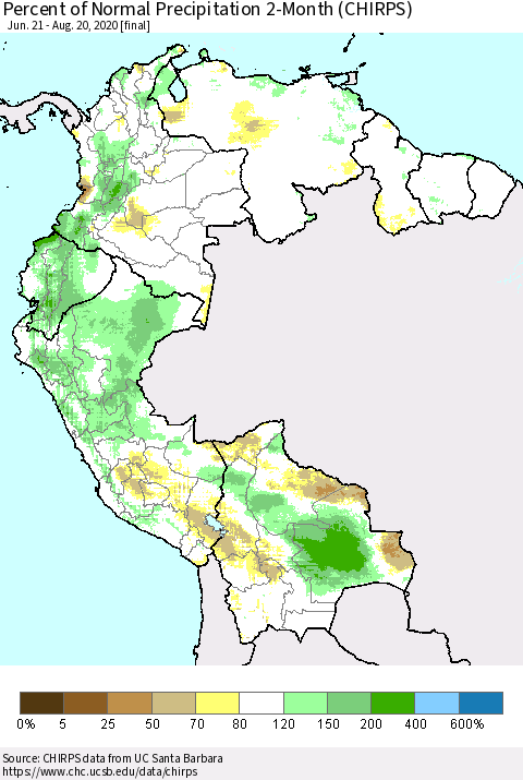 Northern South America Percent of Normal Precipitation 2-Month (CHIRPS) Thematic Map For 6/21/2020 - 8/20/2020