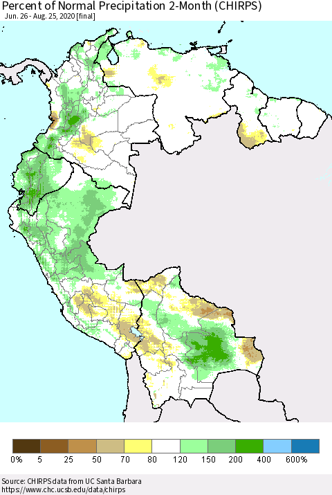 Northern South America Percent of Normal Precipitation 2-Month (CHIRPS) Thematic Map For 6/26/2020 - 8/25/2020