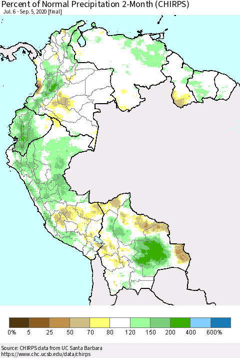 Northern South America Percent of Normal Precipitation 2-Month (CHIRPS) Thematic Map For 7/6/2020 - 9/5/2020