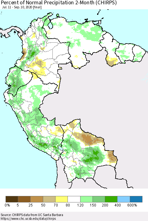 Northern South America Percent of Normal Precipitation 2-Month (CHIRPS) Thematic Map For 7/11/2020 - 9/10/2020