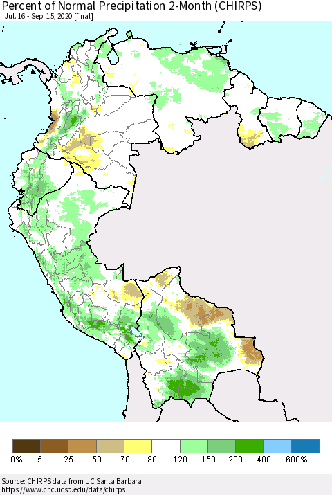 Northern South America Percent of Normal Precipitation 2-Month (CHIRPS) Thematic Map For 7/16/2020 - 9/15/2020