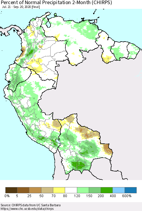Northern South America Percent of Normal Precipitation 2-Month (CHIRPS) Thematic Map For 7/21/2020 - 9/20/2020
