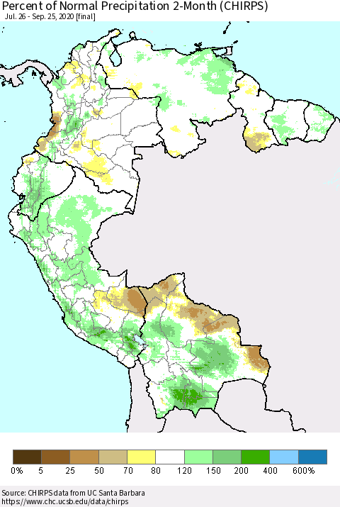 Northern South America Percent of Normal Precipitation 2-Month (CHIRPS) Thematic Map For 7/26/2020 - 9/25/2020