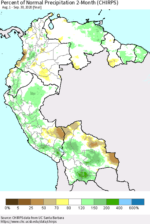 Northern South America Percent of Normal Precipitation 2-Month (CHIRPS) Thematic Map For 8/1/2020 - 9/30/2020
