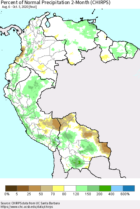 Northern South America Percent of Normal Precipitation 2-Month (CHIRPS) Thematic Map For 8/6/2020 - 10/5/2020