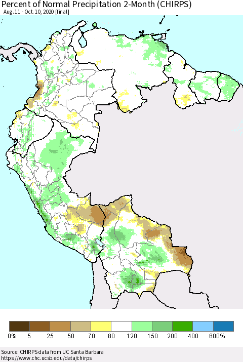 Northern South America Percent of Normal Precipitation 2-Month (CHIRPS) Thematic Map For 8/11/2020 - 10/10/2020
