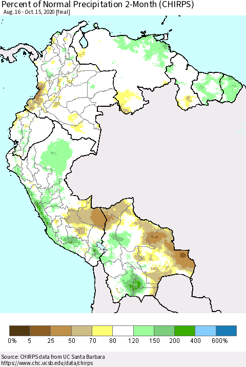 Northern South America Percent of Normal Precipitation 2-Month (CHIRPS) Thematic Map For 8/16/2020 - 10/15/2020