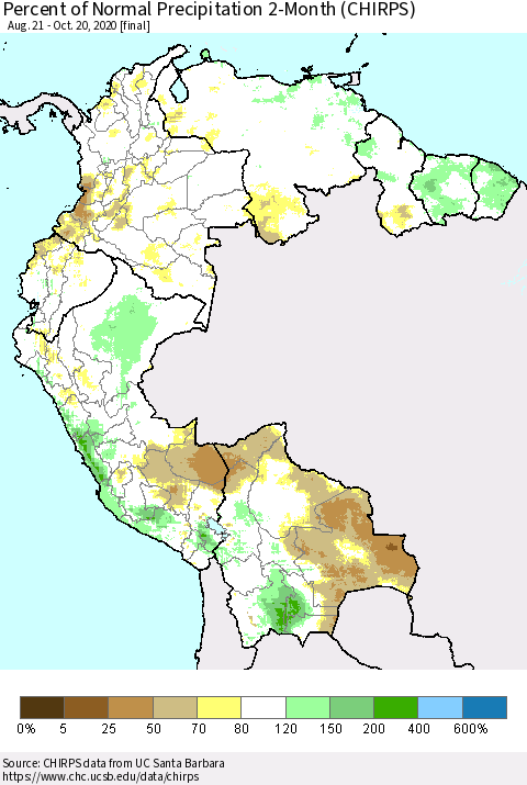 Northern South America Percent of Normal Precipitation 2-Month (CHIRPS) Thematic Map For 8/21/2020 - 10/20/2020