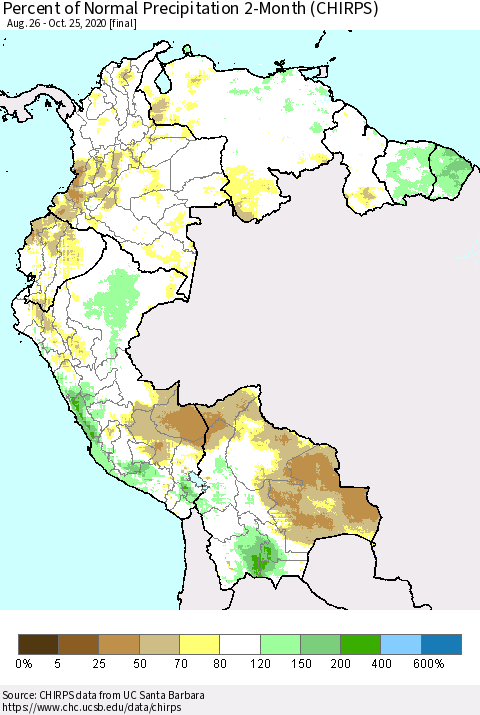 Northern South America Percent of Normal Precipitation 2-Month (CHIRPS) Thematic Map For 8/26/2020 - 10/25/2020