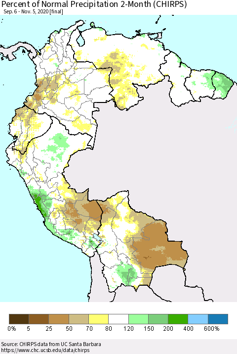 Northern South America Percent of Normal Precipitation 2-Month (CHIRPS) Thematic Map For 9/6/2020 - 11/5/2020