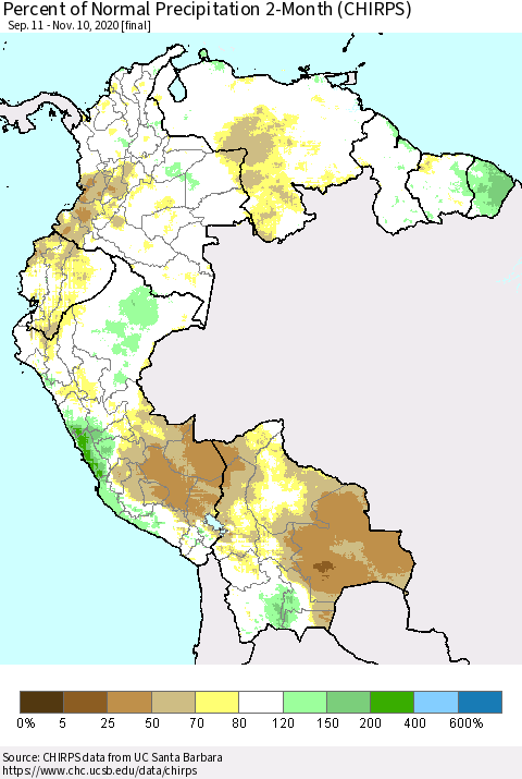 Northern South America Percent of Normal Precipitation 2-Month (CHIRPS) Thematic Map For 9/11/2020 - 11/10/2020