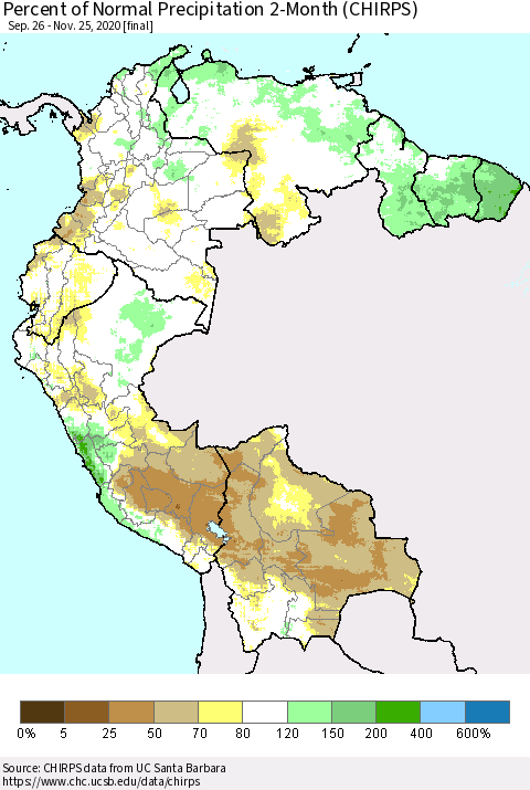 Northern South America Percent of Normal Precipitation 2-Month (CHIRPS) Thematic Map For 9/26/2020 - 11/25/2020