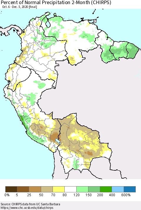 Northern South America Percent of Normal Precipitation 2-Month (CHIRPS) Thematic Map For 10/6/2020 - 12/5/2020