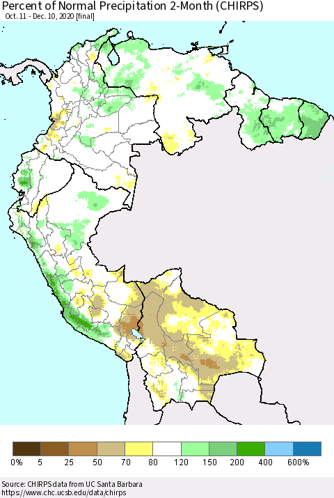 Northern South America Percent of Normal Precipitation 2-Month (CHIRPS) Thematic Map For 10/11/2020 - 12/10/2020
