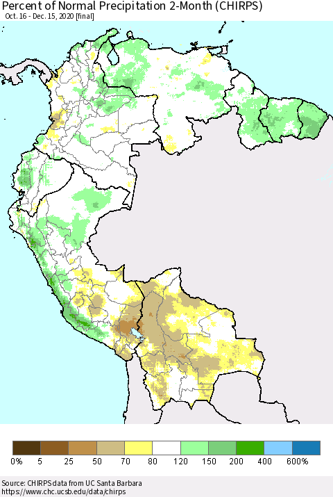Northern South America Percent of Normal Precipitation 2-Month (CHIRPS) Thematic Map For 10/16/2020 - 12/15/2020