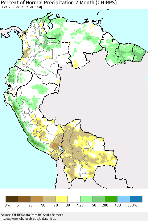 Northern South America Percent of Normal Precipitation 2-Month (CHIRPS) Thematic Map For 10/21/2020 - 12/20/2020