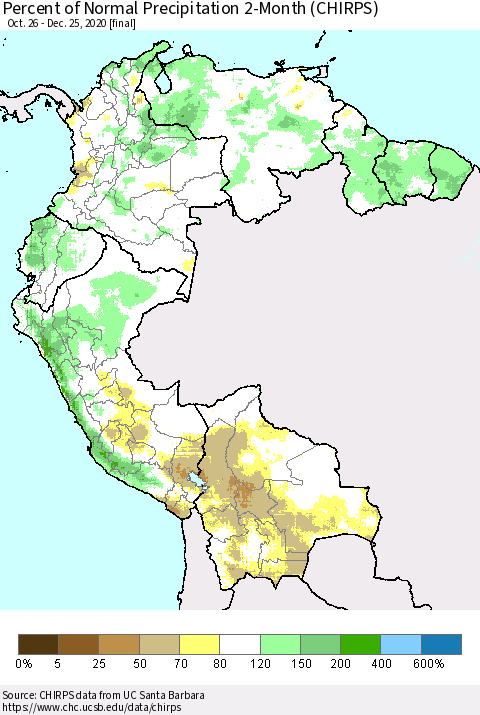Northern South America Percent of Normal Precipitation 2-Month (CHIRPS) Thematic Map For 10/26/2020 - 12/25/2020