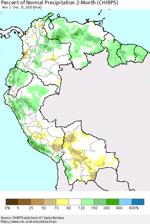 Northern South America Percent of Normal Precipitation 2-Month (CHIRPS) Thematic Map For 11/1/2020 - 12/31/2020