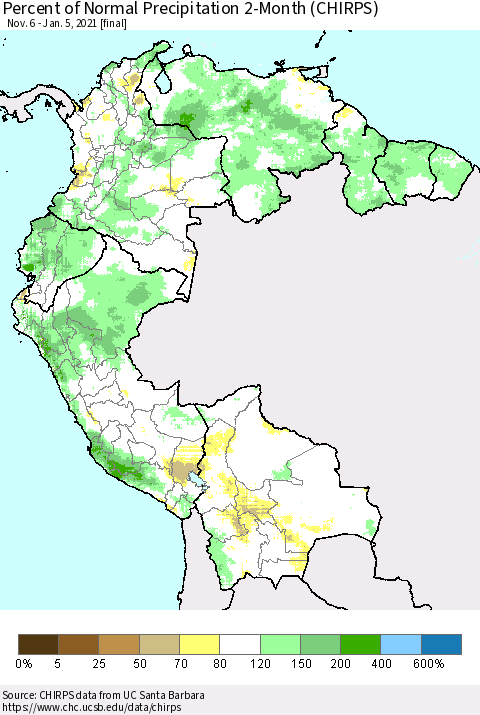 Northern South America Percent of Normal Precipitation 2-Month (CHIRPS) Thematic Map For 11/6/2020 - 1/5/2021